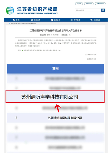 清听声学入选国家专利产业化样板企业
