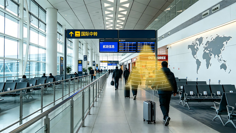 机场国际中转区使用定向音箱，定向发声示意图