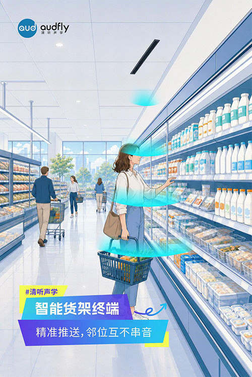 清听声学定向发声技术应用于智能货架终端,实现商品语音精准导购,互不串音