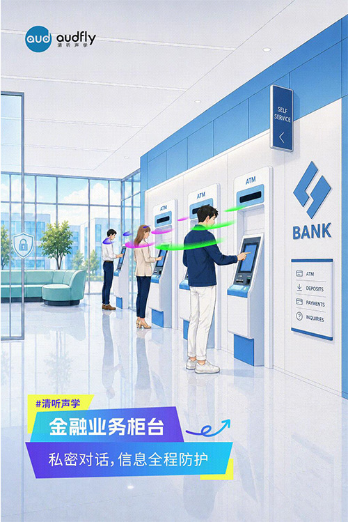 清听声学定向发声技术应用于银行金融柜台,实现一对一精准传音,保障业务交流隐私