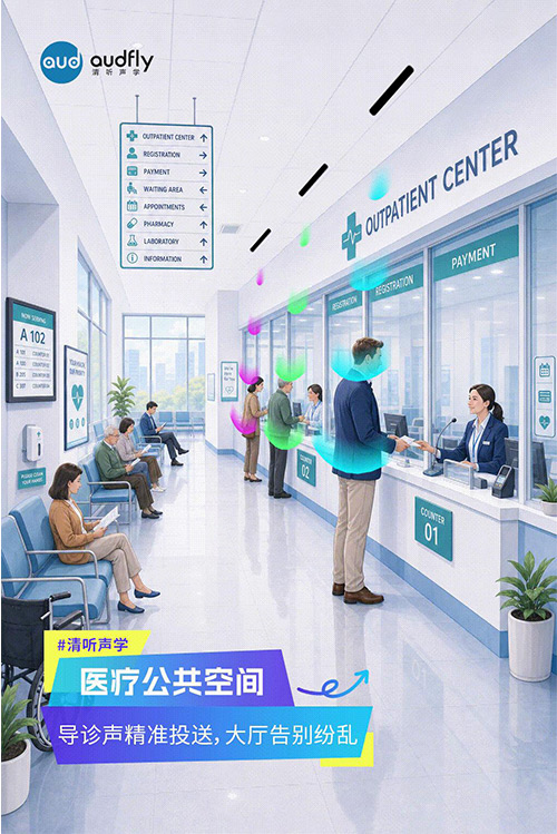 清听声学定向发声技术应用于医院公共空间,实现精准导诊,营造安静舒适的就诊环境
